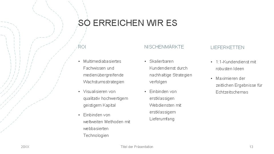 SO ERREICHEN WIR ES ROI NISCHENMÄRKTE LIEFERKETTEN • Multimediabasiertes • Skalierbaren • 1: 1