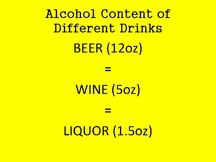 Alcohol Content of Different Drinks BEER (12 oz) = WINE (5 oz) = LIQUOR