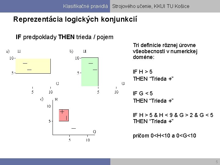 Klasifikačné pravidlá Strojového učenie, KKUI TU Košice Reprezentácia logických konjunkcií IF predpoklady THEN trieda