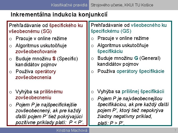 Klasifikačné pravidlá Strojového učenie, KKUI TU Košice Inkrementálna indukcia konjunkcií Prehľadávanie od špecifického ku