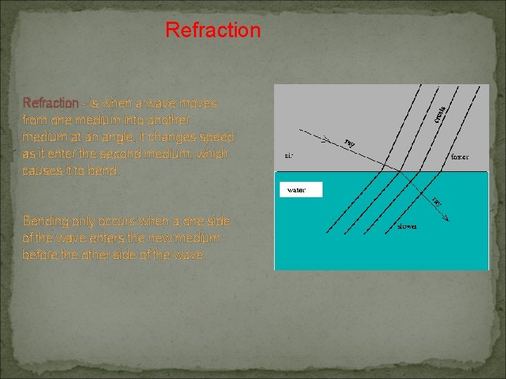 Refraction - is when a wave moves from one medium into another medium at Refraction - is when a wave moves from one medium into another medium at