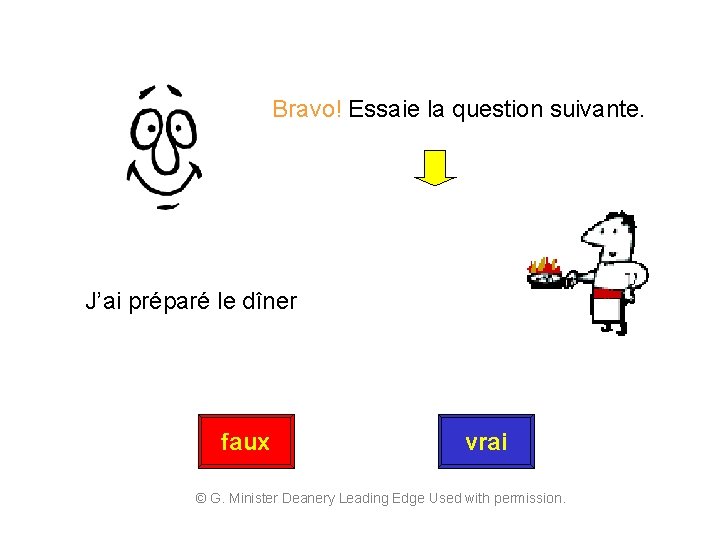 Bravo! Essaie la question suivante. J’ai préparé le dîner faux vrai © G. Minister