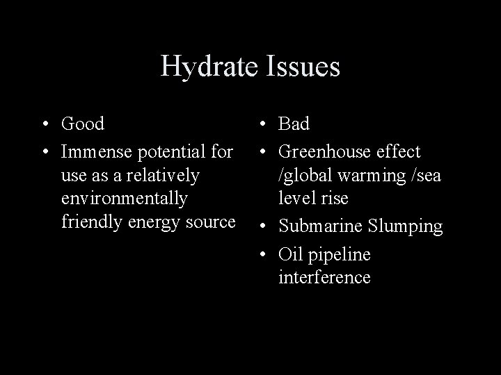 Hydrate Issues • Good • Immense potential for use as a relatively environmentally friendly