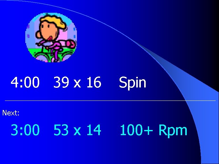 4: 00 39 x 16 Spin Next: 3: 00 53 x 14 100+ Rpm