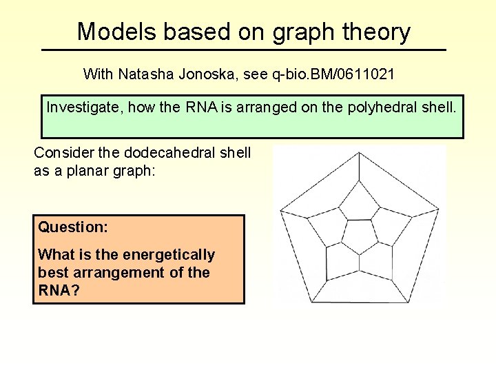 Models based on graph theory With Natasha Jonoska, see q-bio. BM/0611021 Investigate, how the