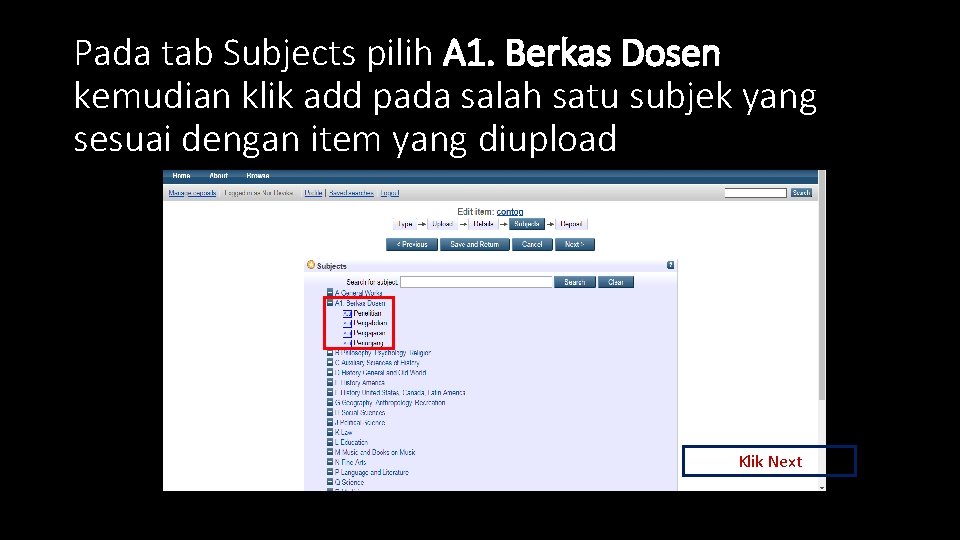 Pada tab Subjects pilih A 1. Berkas Dosen kemudian klik add pada salah satu