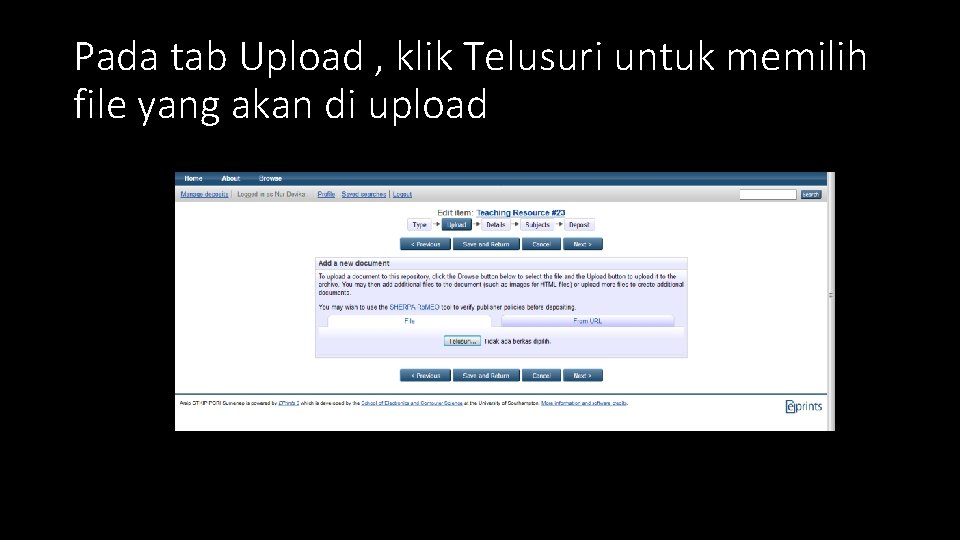 Pada tab Upload , klik Telusuri untuk memilih file yang akan di upload 