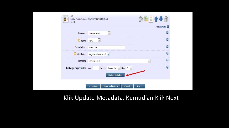 Klik Update Metadata. Kemudian Klik Next 