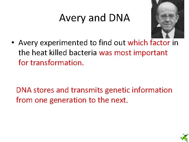 Avery and DNA • Avery experimented to find out which factor in the heat