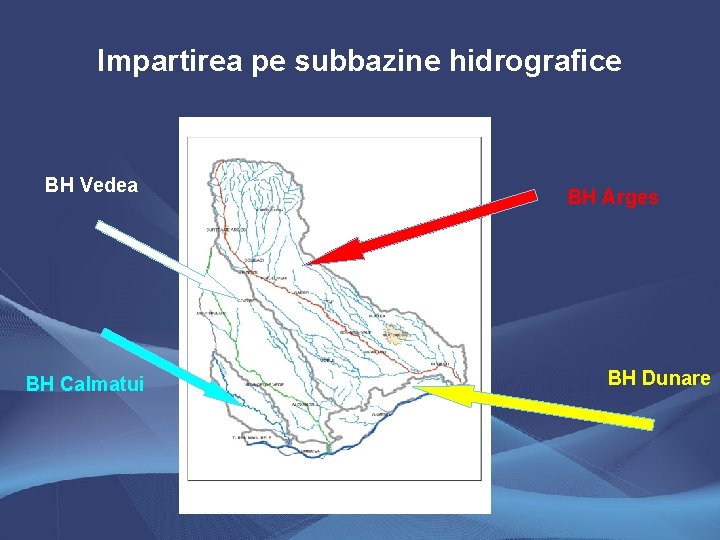 Impartirea pe subbazine hidrografice BH Vedea BH Calmatui BH Arges BH Dunare 