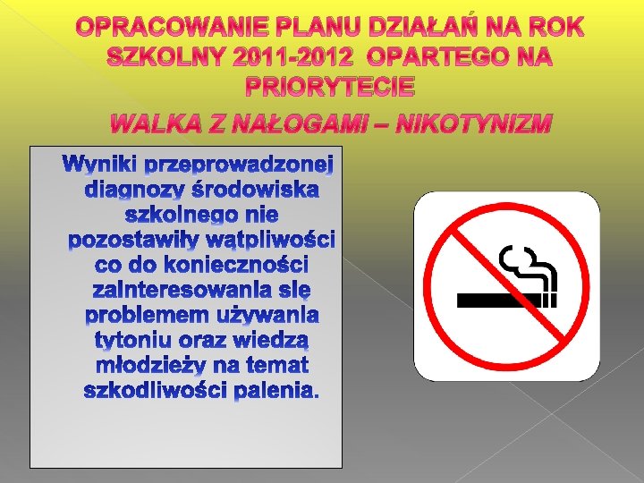 OPRACOWANIE PLANU DZIAŁAŃ NA ROK SZKOLNY 2011 -2012 OPARTEGO NA PRIORYTECIE WALKA Z NAŁOGAMI