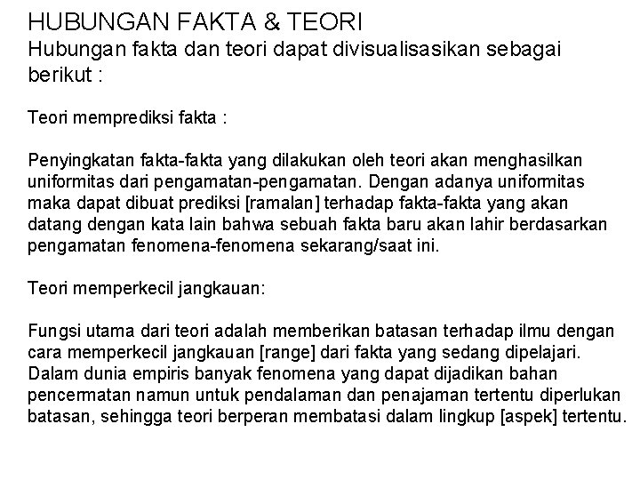 HUBUNGAN FAKTA & TEORI Hubungan fakta dan teori dapat divisualisasikan sebagai berikut : Teori