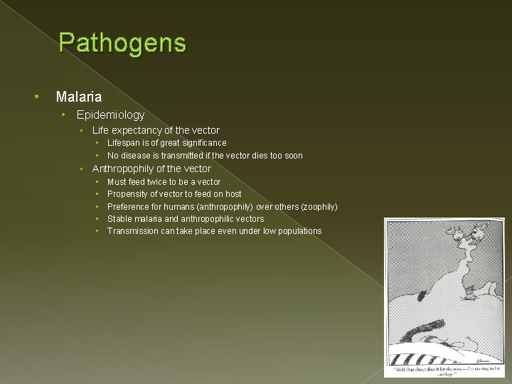 Pathogens • Malaria • Epidemiology • Life expectancy of the vector • Lifespan is Pathogens • Malaria • Epidemiology • Life expectancy of the vector • Lifespan is