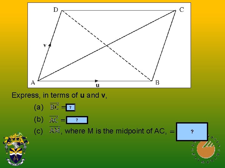 Express, in terms of u and v, (a) (b) (c) ? ? , where