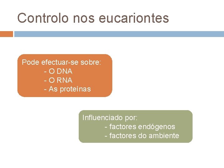 Controlo nos eucariontes Pode efectuar-se sobre: - O DNA - O RNA - As