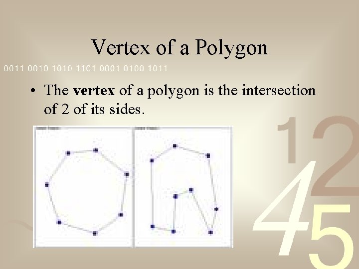 Vertex of a Polygon • The vertex of a polygon is the intersection of