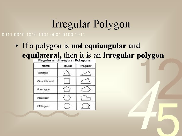 Irregular Polygon • If a polygon is not equiangular and equilateral, then it is