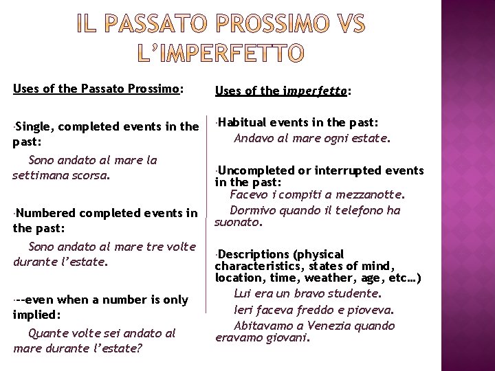 Uses of the Passato Prossimo: Uses of the imperfetto: Single, Habitual completed events in