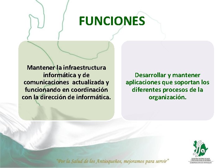 FUNCIONES Mantener la infraestructura informática y de comunicaciones actualizada y funcionando en coordinación con