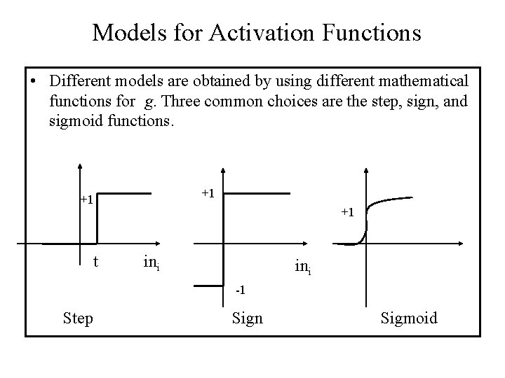 Models for Activation Functions • Different models are obtained by using different mathematical functions