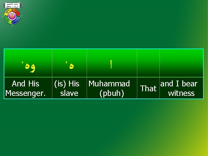 ، ﻭﻩ And His Messenger. ، ﻩ (is) His slave ﺍ Muhammad (pbuh) and