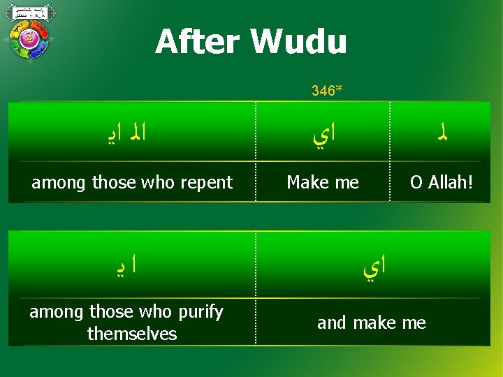 After Wudu 346* ﺍﻟ ﺍﻳ ﺍﻱ ﻟ among those who repent Make me O