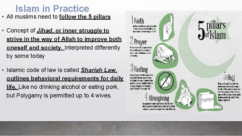 Islam in Practice • All muslims need to follow the 5 pillars • Concept