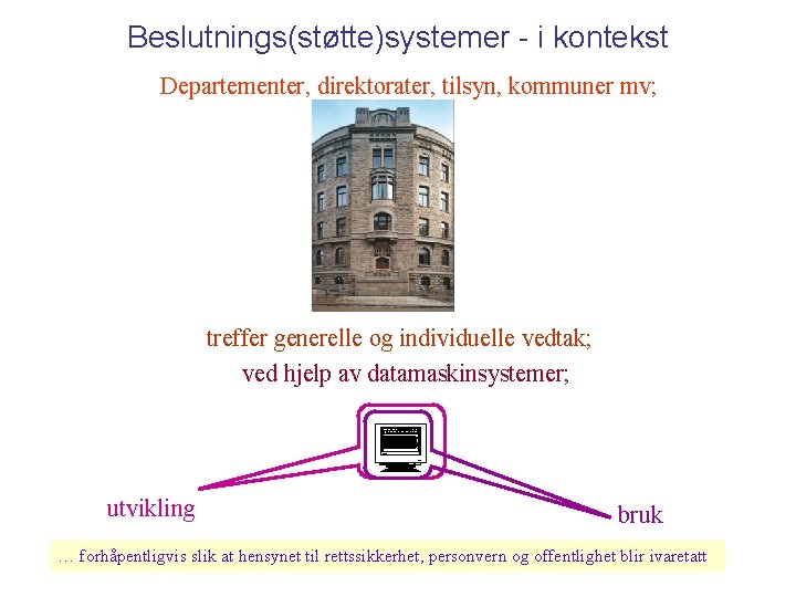 Beslutnings(støtte)systemer - i kontekst Departementer, direktorater, tilsyn, kommuner mv; treffer generelle og individuelle vedtak;