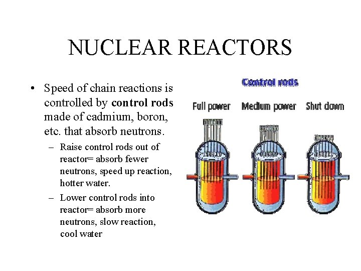 NUCLEAR REACTORS • Speed of chain reactions is controlled by control rods made of