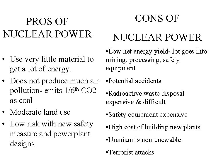 PROS OF NUCLEAR POWER • Use very little material to get a lot of