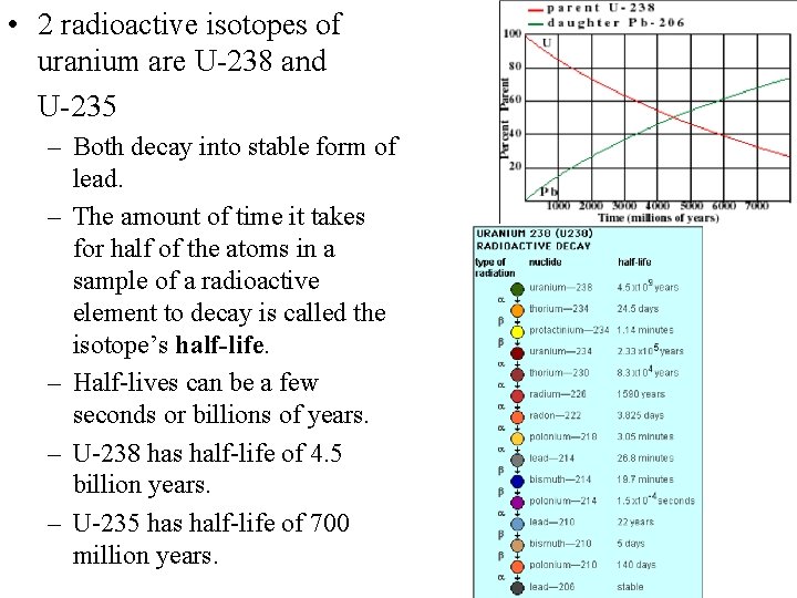  • 2 radioactive isotopes of uranium are U-238 and U-235 – Both decay