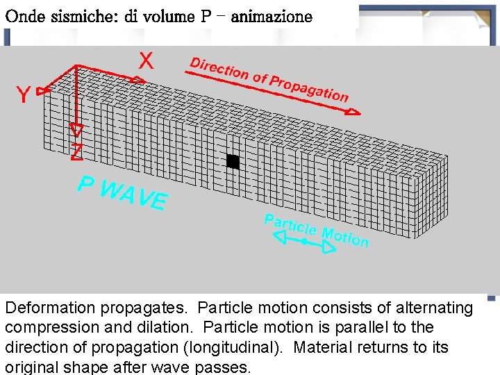 Onde sismiche: di volume P - animazione Deformation propagates. Particle motion consists of alternating