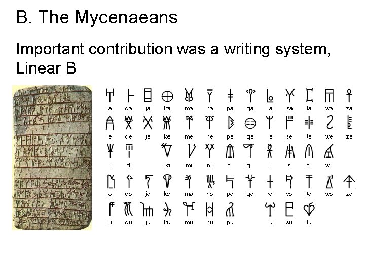 B. The Mycenaeans Important contribution was a writing system, Linear B 