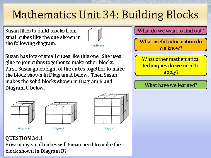 Mathematics Unit 34: Building Blocks Susan likes to build blocks from small cubes like