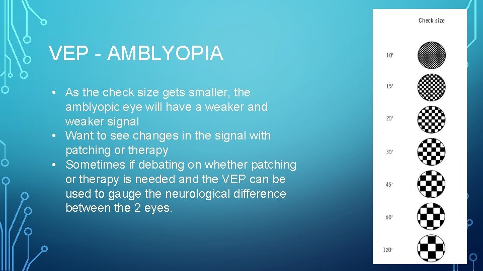 VEP - AMBLYOPIA • As the check size gets smaller, the amblyopic eye will