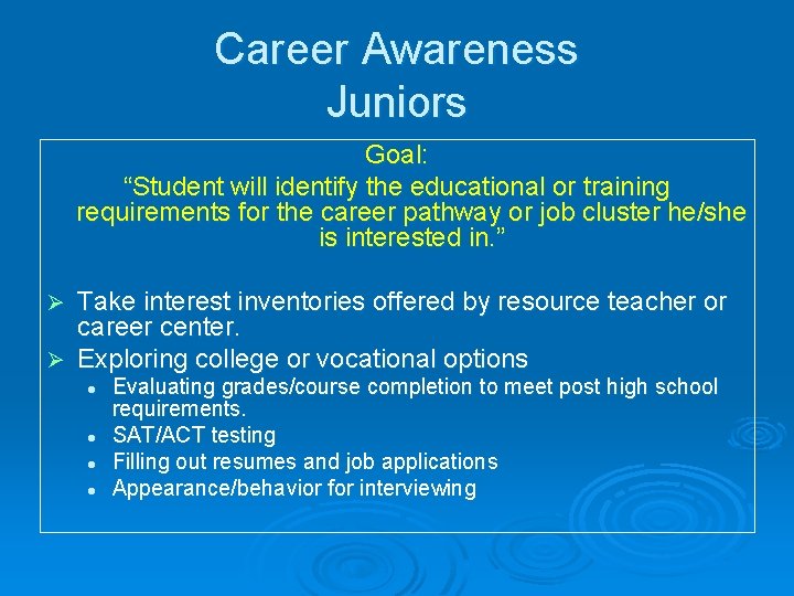 Career Awareness Juniors Goal: “Student will identify the educational or training requirements for the