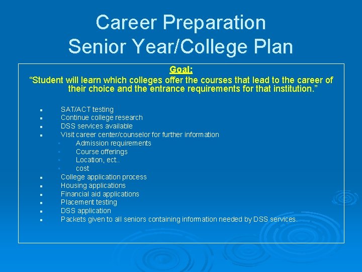 Career Preparation Senior Year/College Plan Goal: “Student will learn which colleges offer the courses
