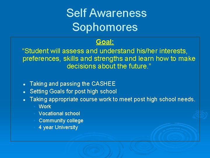 Self Awareness Sophomores Goal: “Student will assess and understand his/her interests, preferences, skills and