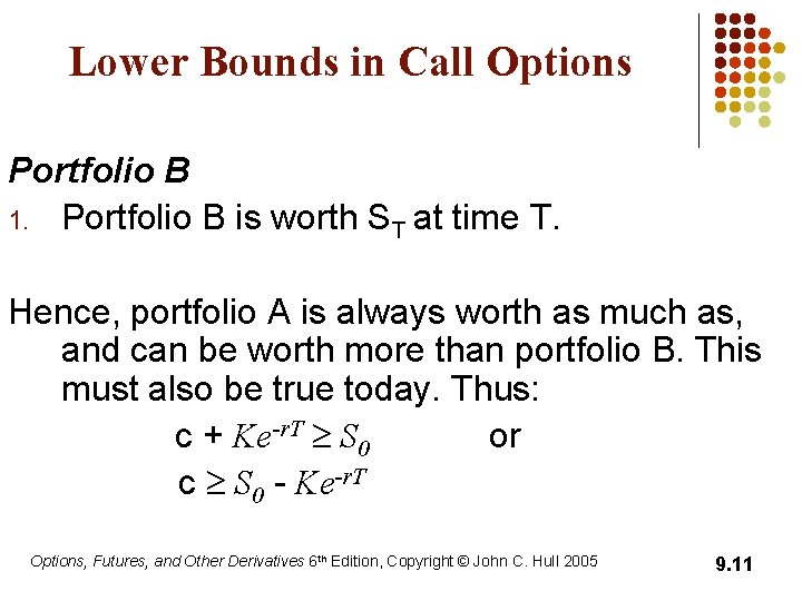 Lower Bounds in Call Options Portfolio B 1. Portfolio B is worth ST at