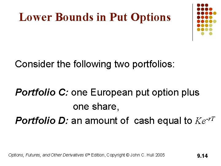 Lower Bounds in Put Options Consider the following two portfolios: Portfolio C: one European