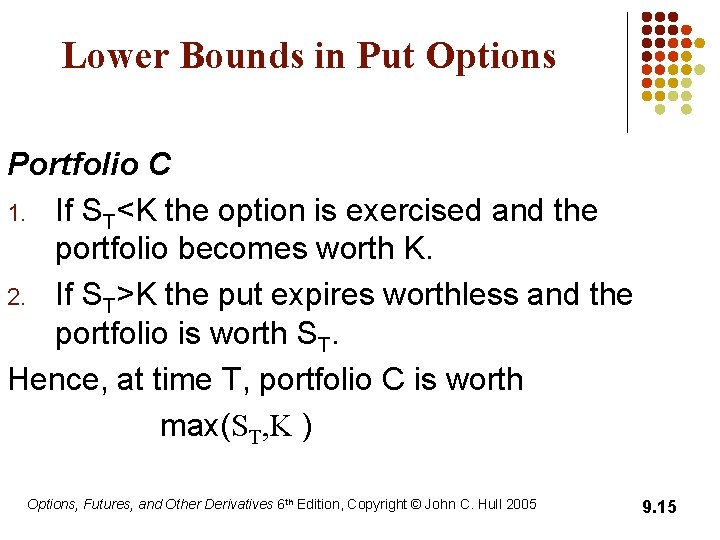 Lower Bounds in Put Options Portfolio C 1. If ST<K the option is exercised
