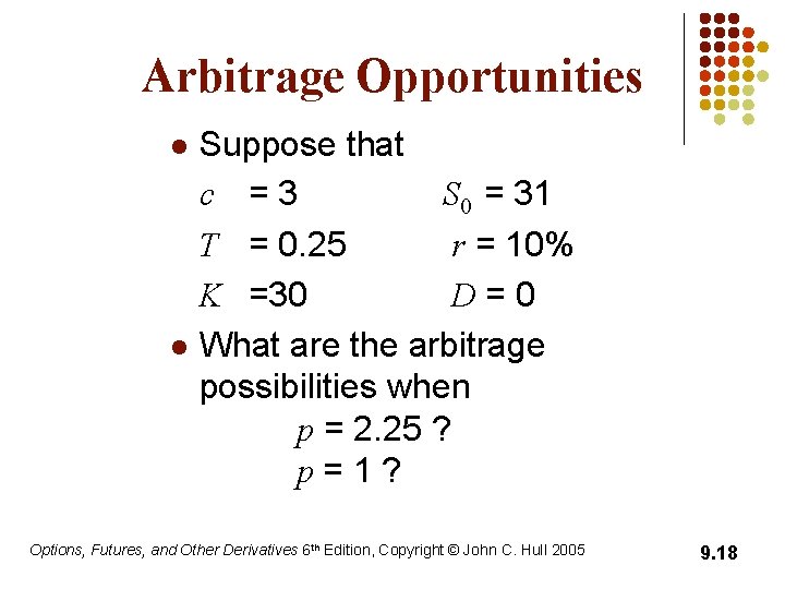 Arbitrage Opportunities l l Suppose that c =3 S 0 = 31 T =