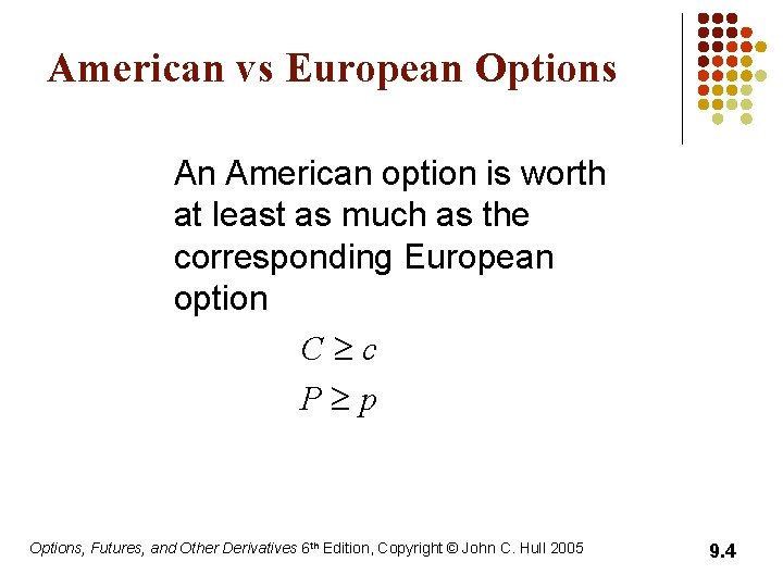 American vs European Options An American option is worth at least as much as