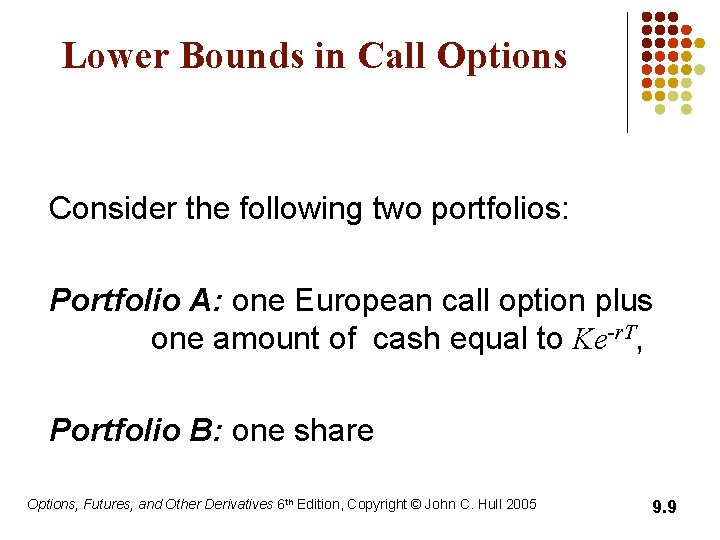 Lower Bounds in Call Options Consider the following two portfolios: Portfolio A: one European