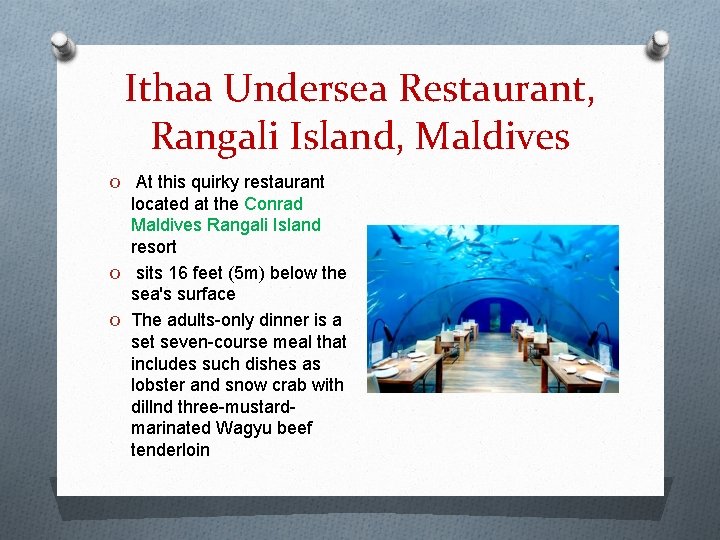 Ithaa Undersea Restaurant, Rangali Island, Maldives O At this quirky restaurant located at the