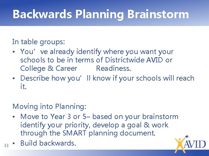 Backwards Planning Brainstorm In table groups: • You’ve already identify where you want your