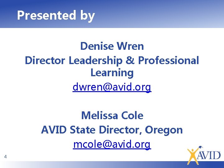 Presented by Denise Wren Director Leadership & Professional Learning dwren@avid. org Melissa Cole AVID