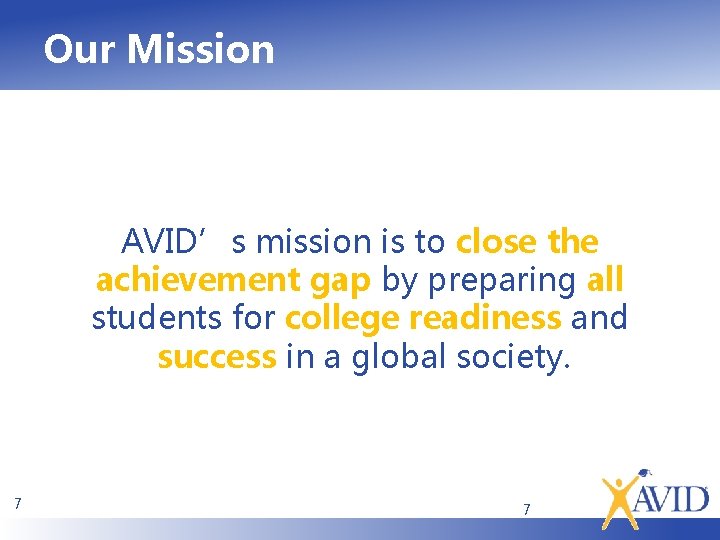 Our Mission AVID’s mission is to close the achievement gap by preparing all students