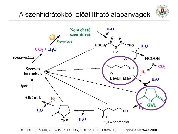 A szénhidrátokból előállítható alapanyagok HMF Levulinsav GVL THF 1, 4 ‒ pentándiol MEHDI, H.