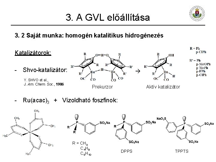 3. A GVL előállítása 3. 2 Saját munka: homogén katalitikus hidrogénezés Katalizátorok: - Shvo-katalizátor: